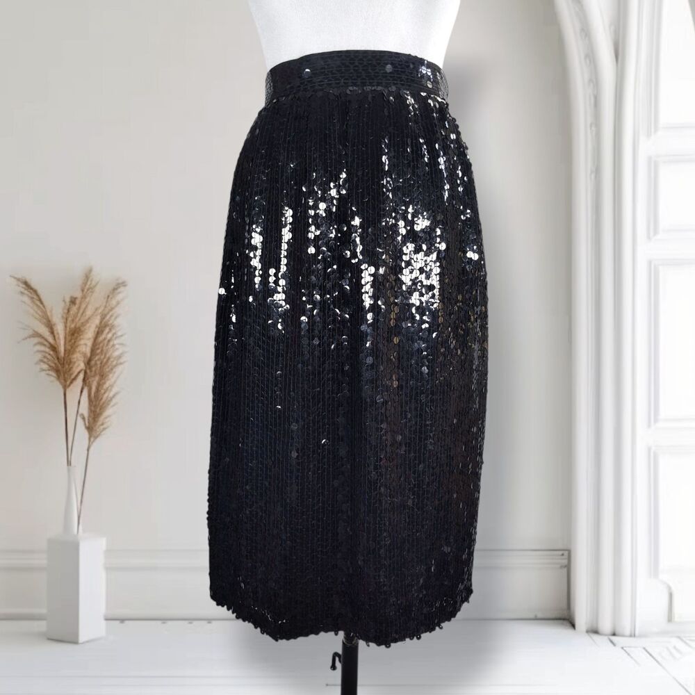 Vintage Cache Sequin Silk Midi Cocktail Skirt Size 4 Black Midi Formal Party